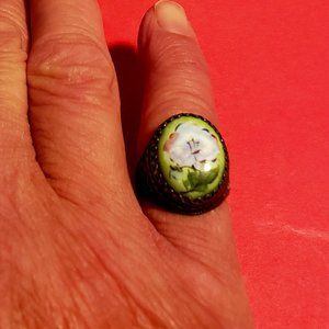 Vintage Hand Painted Porcelain Cabochon Ring